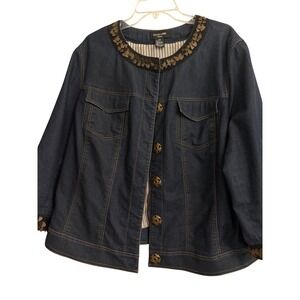 Denim Jacket Dark Wash Heart Sequin Trim Size 20W Stretch Chic Flaw‎